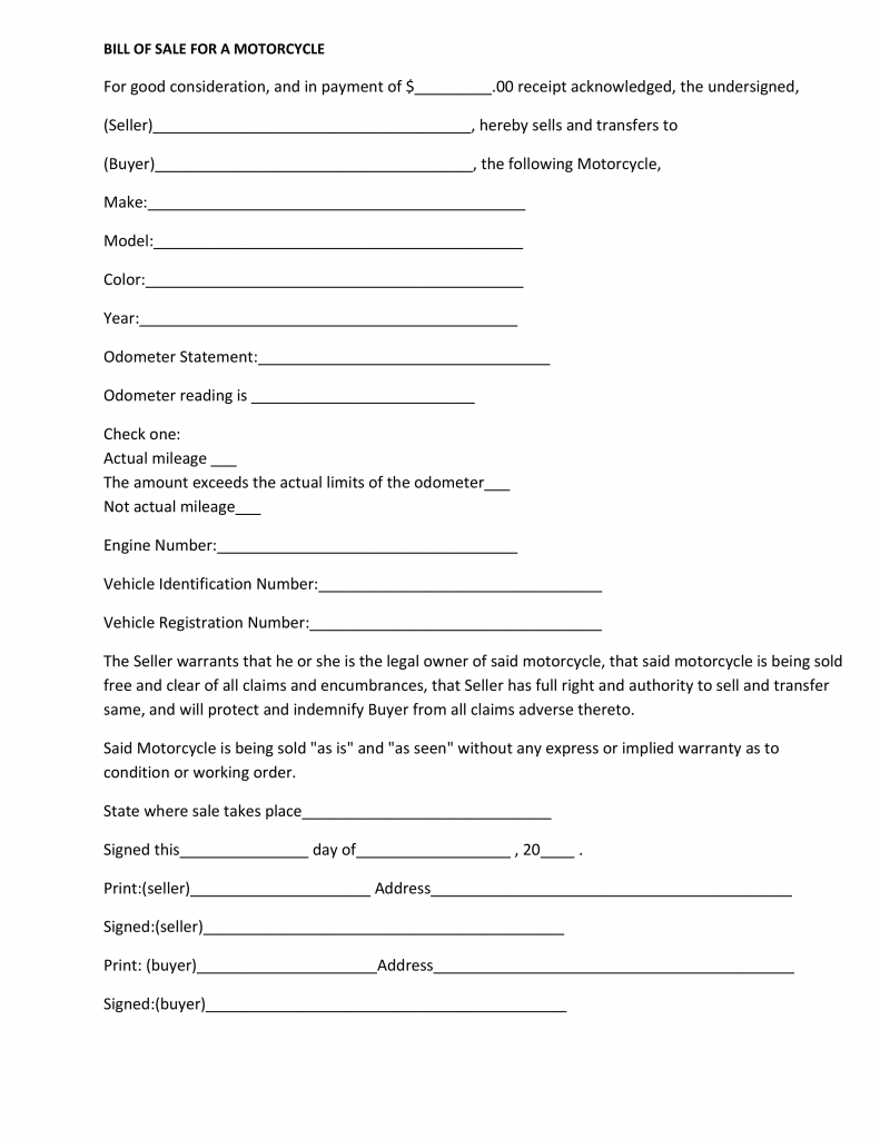 Massachusetts Motorcycle Bill of Sale Form