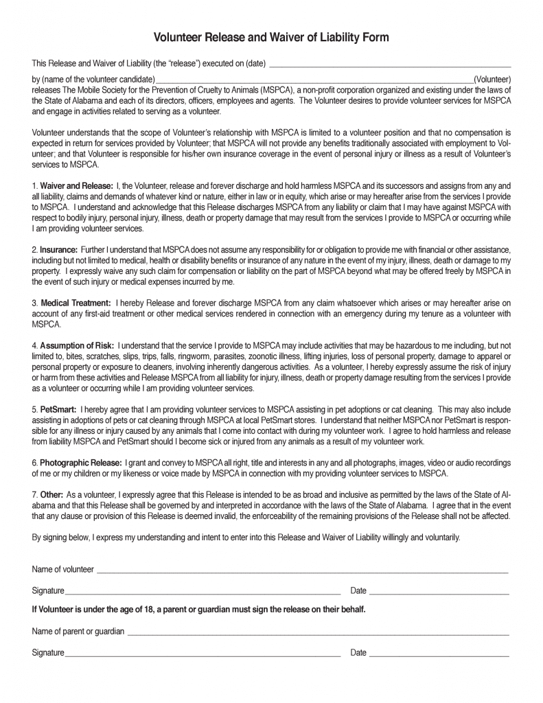 Alabama Volunteer Release and Waiver of Liability Form