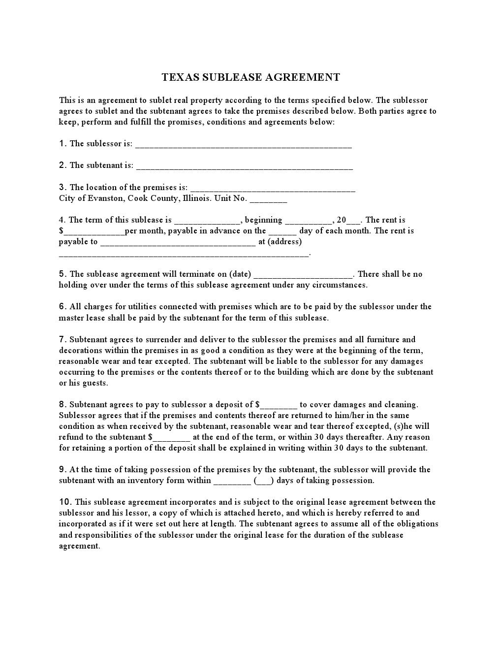Texas Sublease Agreement