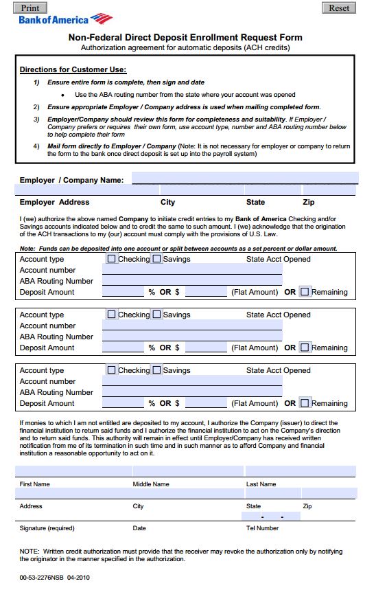Non-Federal Direct Deposit Enrollment Request Form English