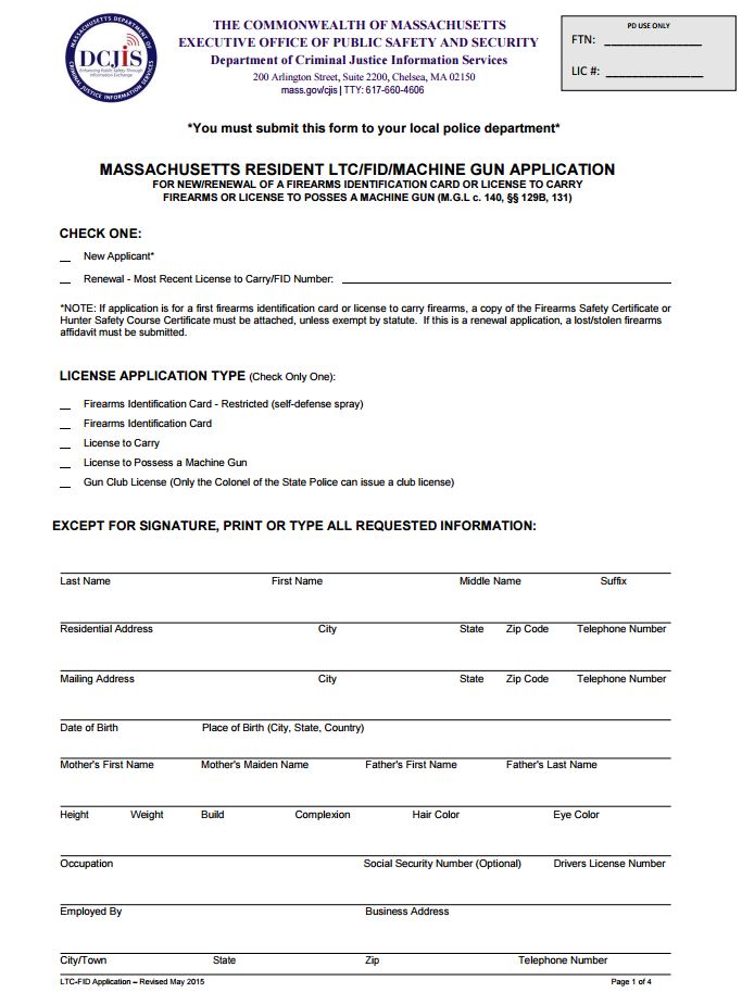 Massachusetts Apply for Firearm Identification Card